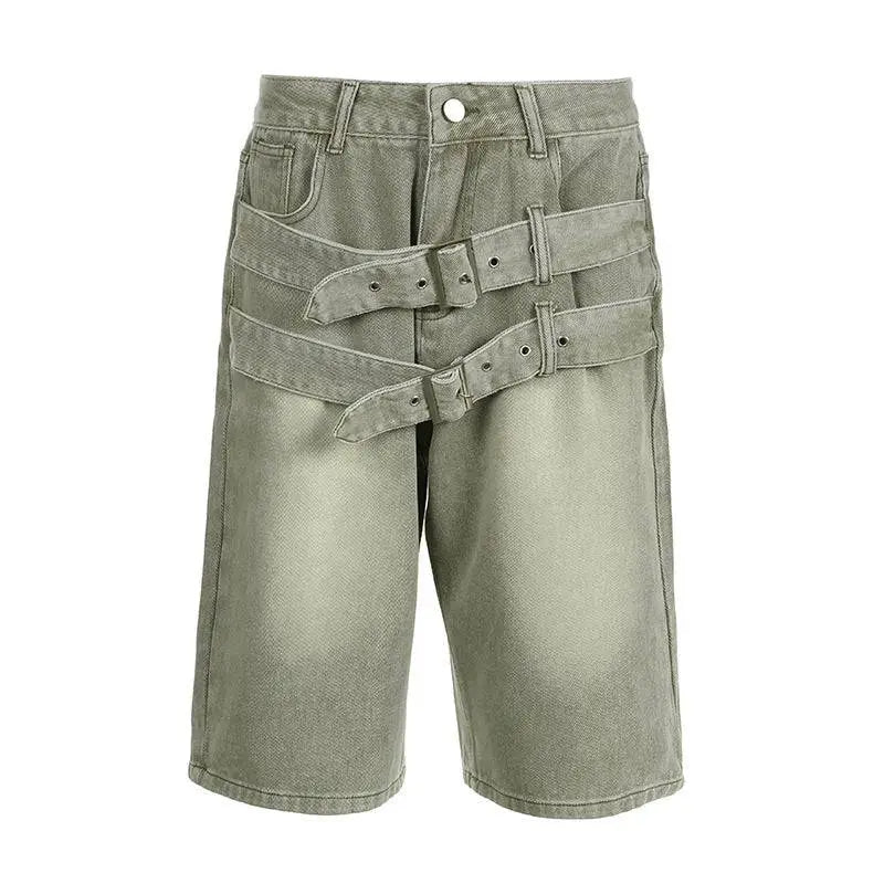 Olive green denim shorts with three overlapping belt straps featuring adjustable buckle design jeans double belt style