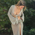 Beige mesh tied two piece swimsuit set with long flowing sleeves in a light green long sleeve style