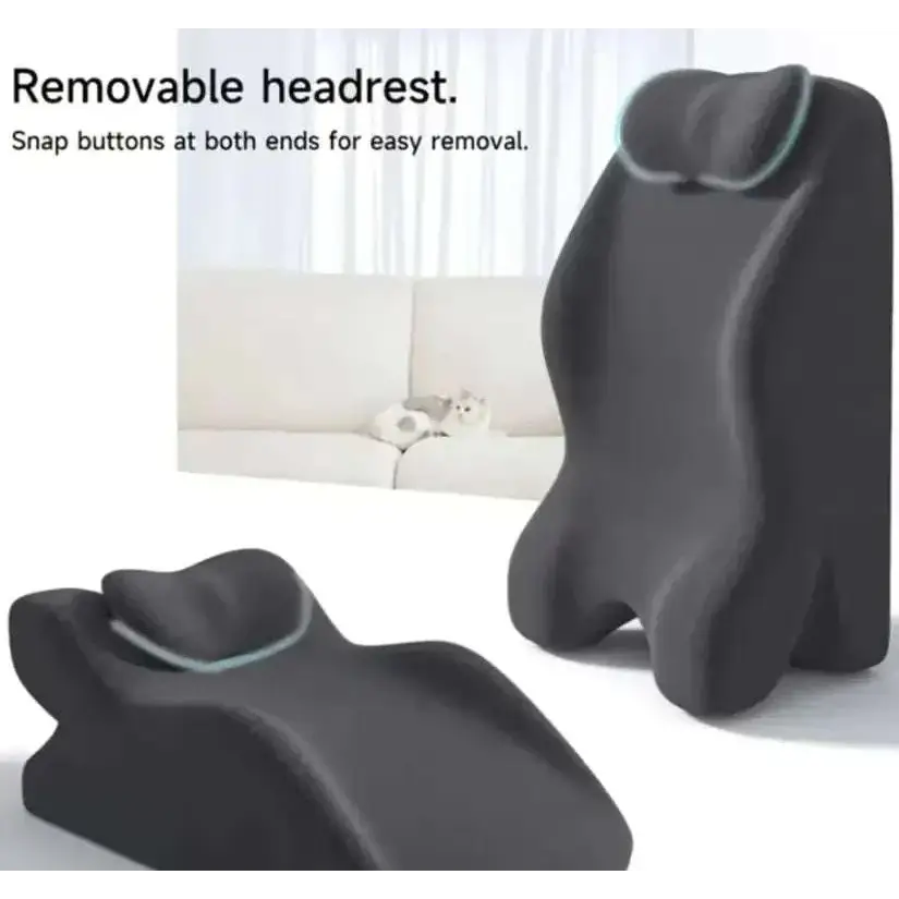 Black memory foam lumbar support pillow with removable headrest and snap buttons for light green reclining chair stomach sleeper pillow