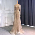 A luxury minority champagne beaded evening gown with long sleeves and intricate gold feather-like beading pattern