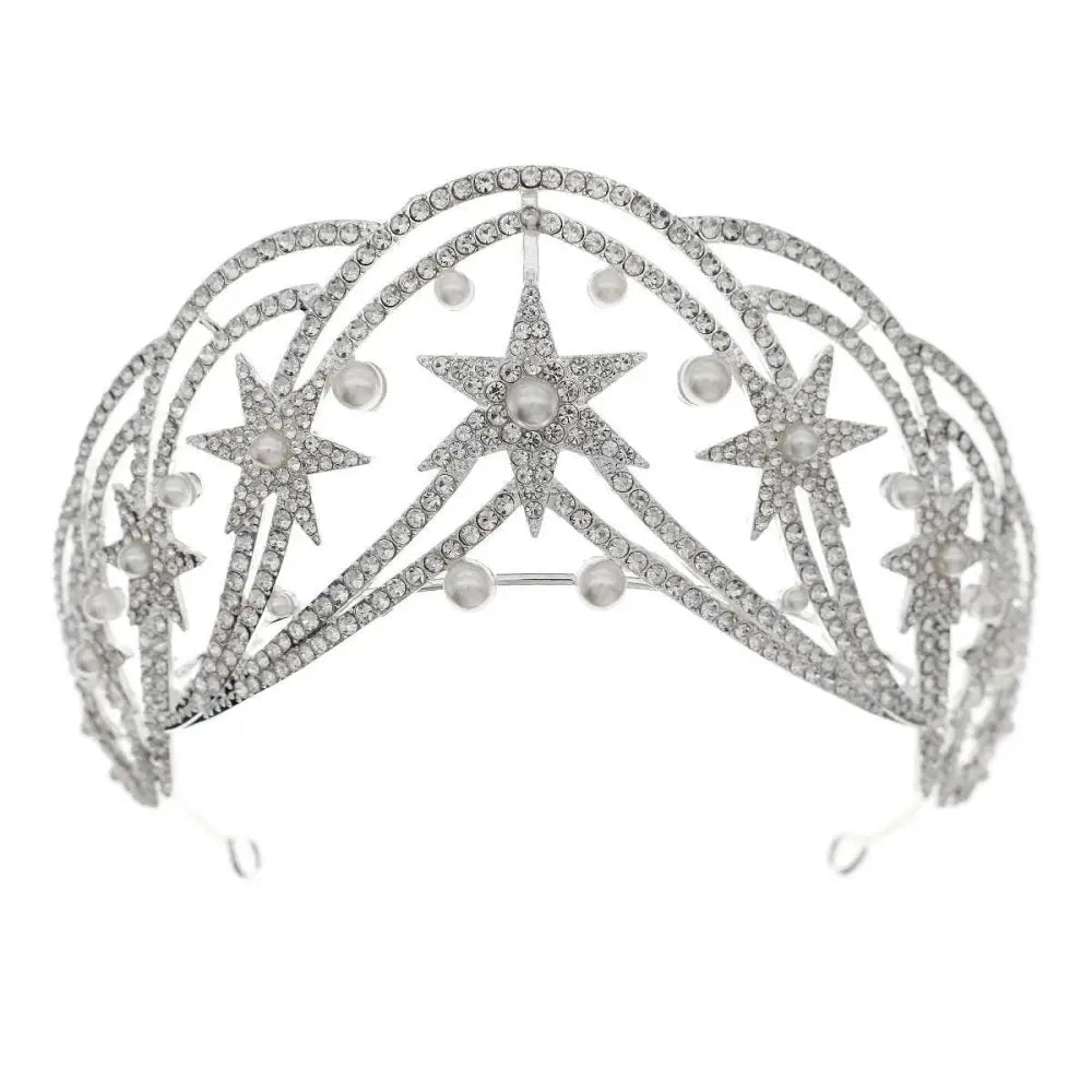 Silver star crystal wedding tiara with rhinestones and pearl accents for luxury socialite style hair