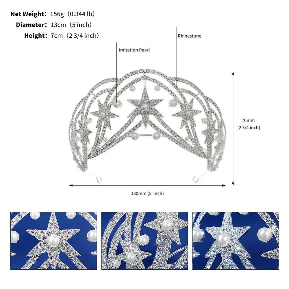 Silver star tiara adorned with rhinestones and imitation pearls luxury socialite crystal wedding tiara for socialite style hair