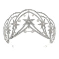 Silver star crystal wedding tiara with sparkling rhinestones and pearl accents in luxury socialite style hair design