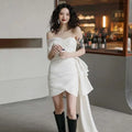White off-the-shoulder light wedding gown mini dress with ruched bodice and asymmetrical side slit for women