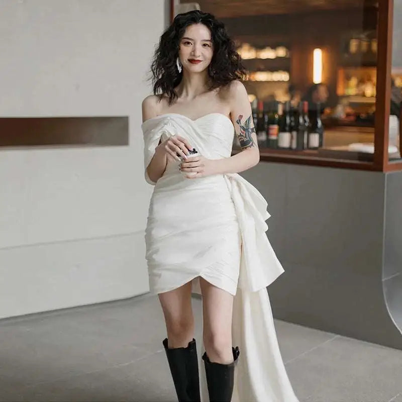 White off-the-shoulder light wedding gown mini dress with ruched bodice and asymmetrical side slit for women