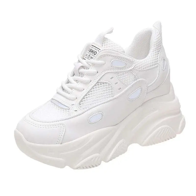 White chunky platform casual sneaker with lime green mesh and synthetic leather panels for sports single sneakers