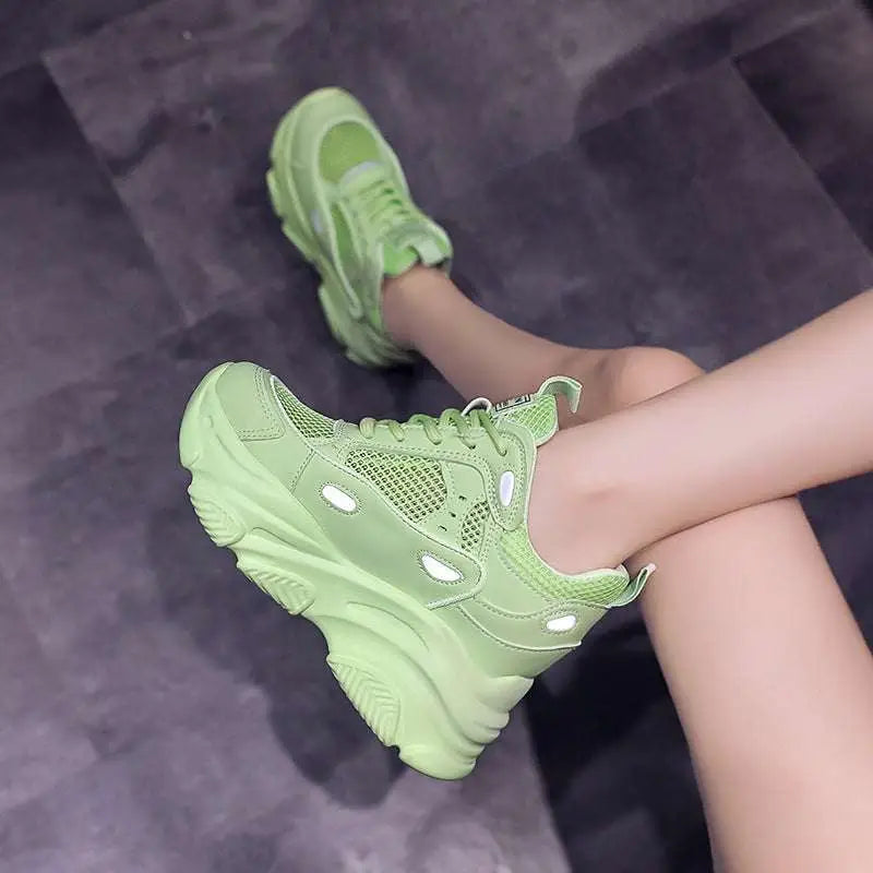Lime green mesh sports single sneakers with white chunky platform casual layered soles for everyday wear