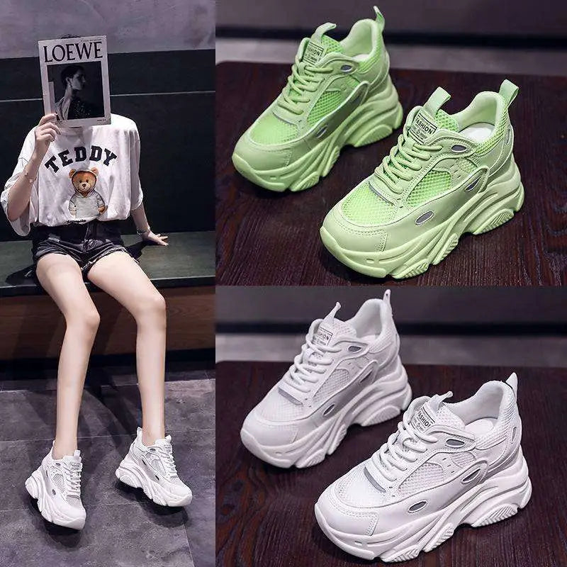 Lime green mesh sports single sneakers with white chunky platform casual layered soles for everyday wear