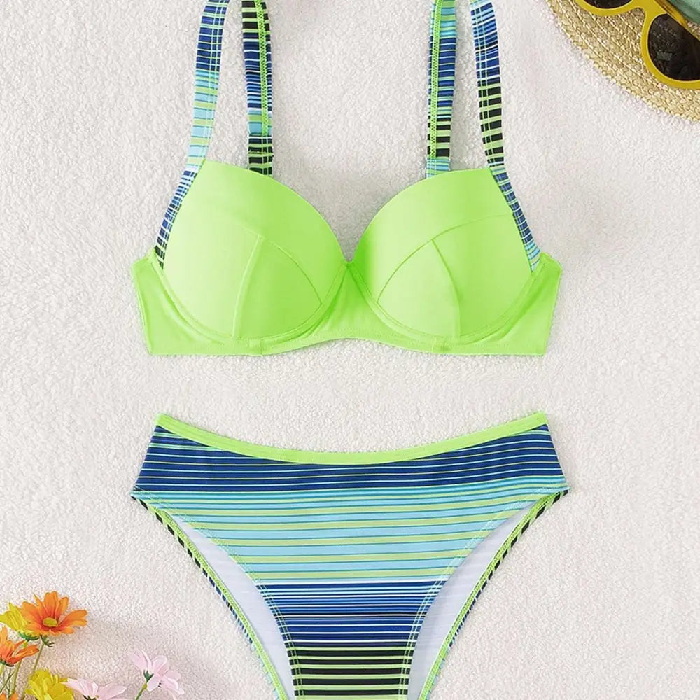 Bright lime green and navy blue striped printed split bikini two-piece set in lime green navy colors for swimwear use