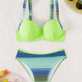 Bright lime green and navy blue striped printed split bikini two-piece set in lime green navy colors for swimwear use