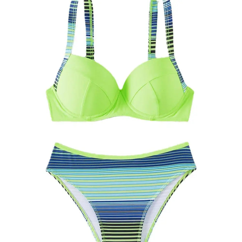 Bright lime green navy striped printed split bikini swimsuit with supportive structured top and high-waisted bottoms
