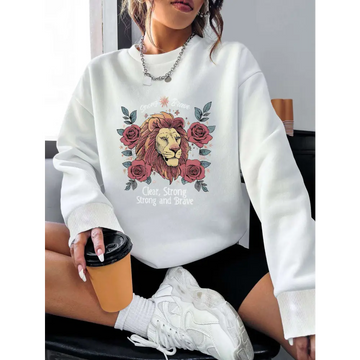 White long sleeve sweatshirt with detailed lion and roses design featuring clear strong brave text in lion rose regular fit
