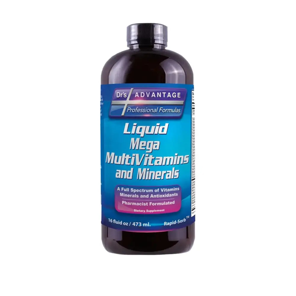 Dark amber glass bottle of drs advantage liquid mega multivitamins with blue label to support nutritional gaps 16oz