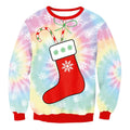 Llama winter fashion vibrant tie-dye christmas sweater featuring a large red stocking with snowflakes and candy canes
