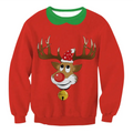 Red christmas sweater featuring a cartoon reindeer with antlers and santa hat in llama winter fashion ugly christmas style
