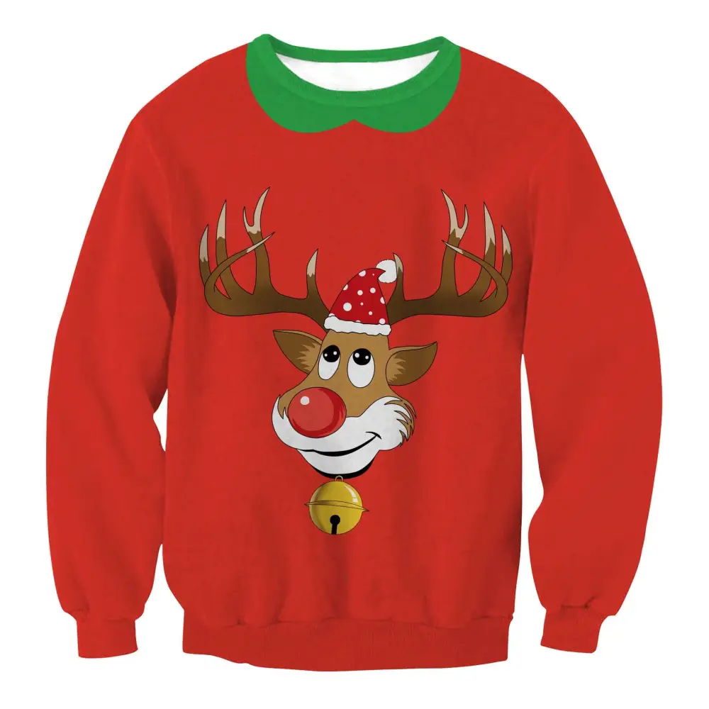 Red christmas sweater featuring a cartoon reindeer with antlers and santa hat in llama winter fashion ugly christmas style