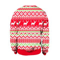 Red and green llama winter fashion ugly christmas sweater featuring white reindeer motifs and festive patterns