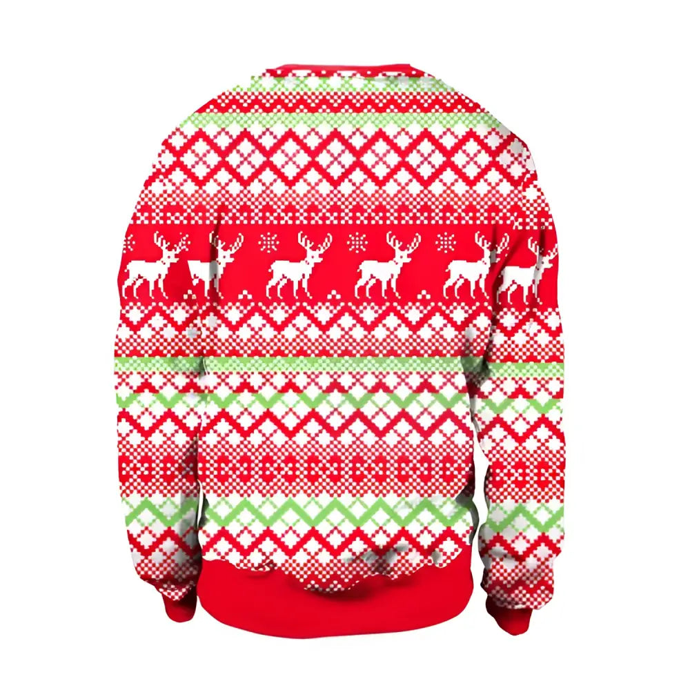 Red and green llama winter fashion ugly christmas sweater featuring white reindeer motifs and festive patterns