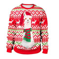 Red and green christmas sweater featuring a white llama in a santa hat and scarf with festive reindeer knit pattern