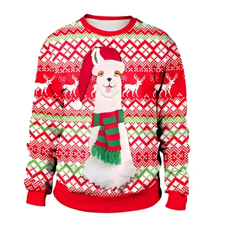 Red and green christmas sweater featuring a white llama in a santa hat and scarf with festive reindeer knit pattern