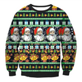 Black christmas sweater featuring vibrant santa faces trees gold bells and gifts in festive stripes for llama winter fashion