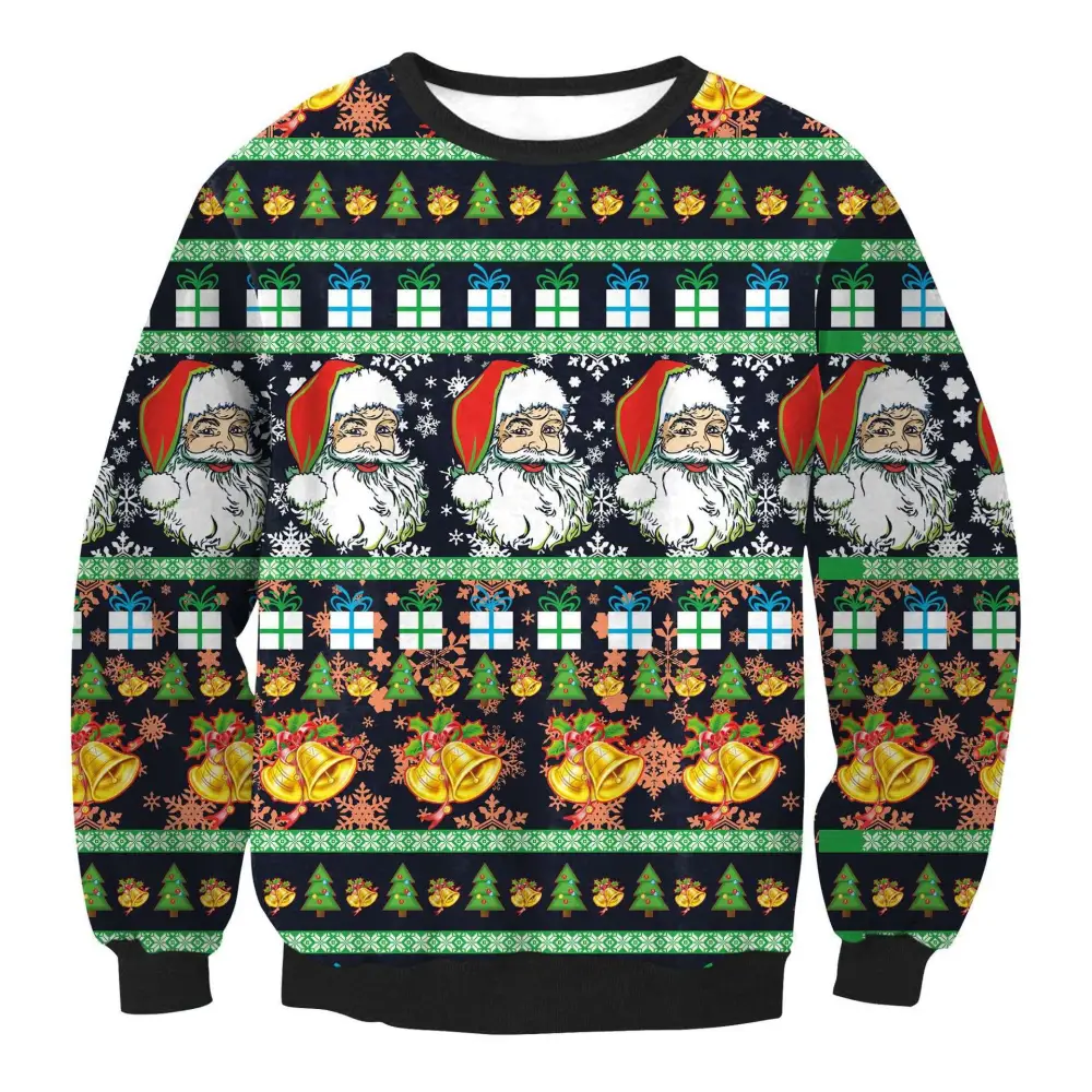 Black christmas sweater featuring vibrant santa faces trees gold bells and gifts in festive stripes for llama winter fashion
