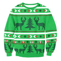 Green holiday-themed christmas sweater featuring black deer and pine trees with red and white patterns for llama winter fashion