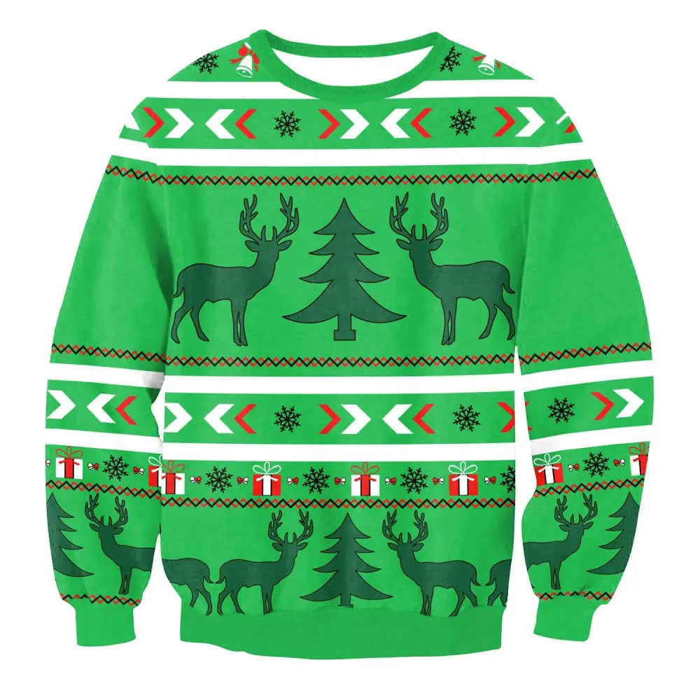 Green holiday-themed christmas sweater featuring black deer and pine trees with red and white patterns for llama winter fashion