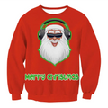Red christmas sweater featuring a cartoon santa with sunglasses and headphones in llama winter fashion ugly christmas style