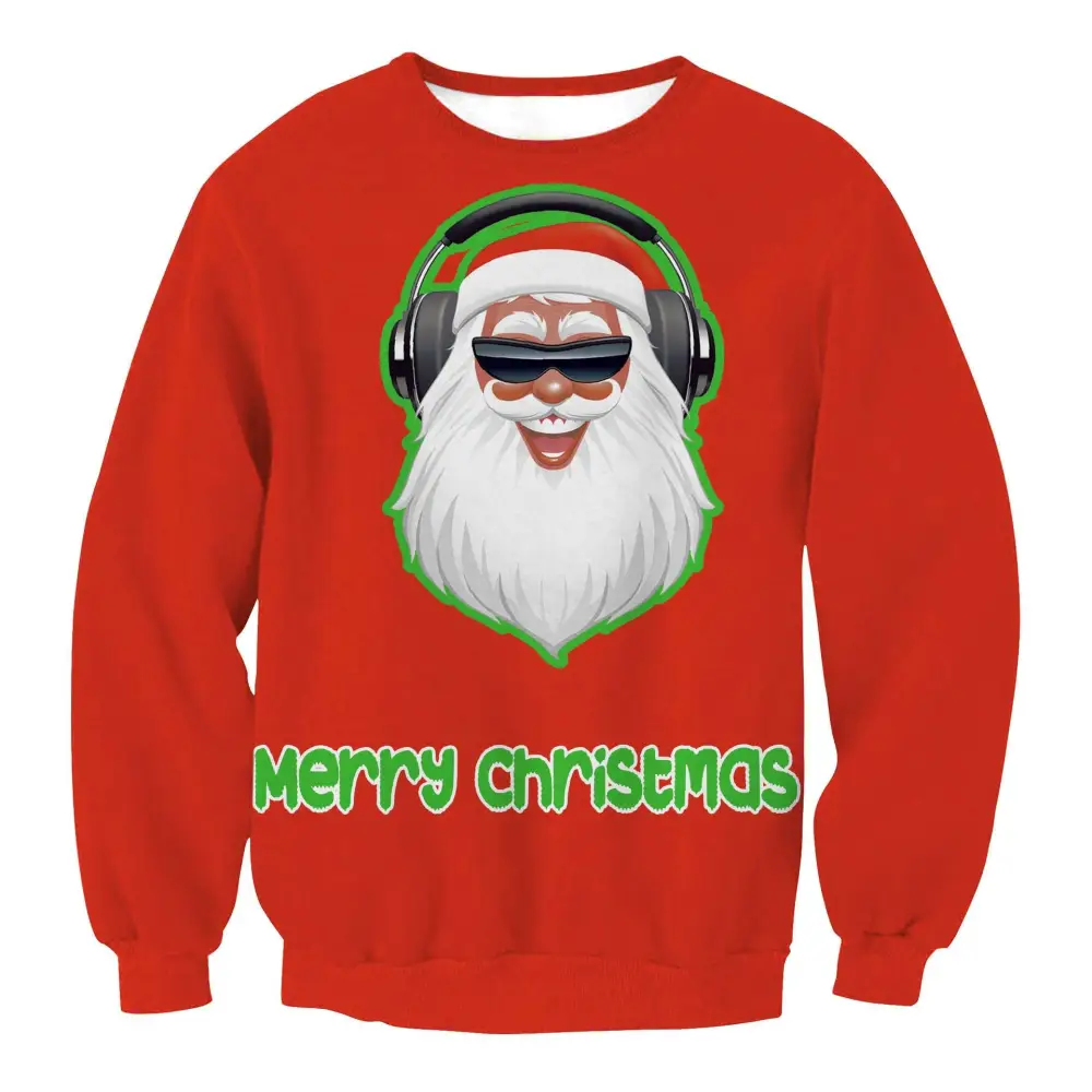 Red christmas sweater featuring a cartoon santa with sunglasses and headphones in llama winter fashion ugly christmas style