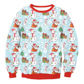 Light blue llama winter fashion christmas sweater featuring red trim and snowmen with santa hats and christmas trees