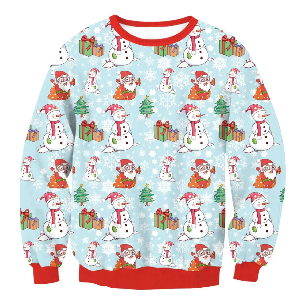 Light blue llama winter fashion christmas sweater featuring red trim and snowmen with santa hats and christmas trees