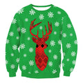 Green llama winter fashion sweatshirt featuring a bold red deer with black geometric patterns and white snowflakes for christmas sweater featuring festive design