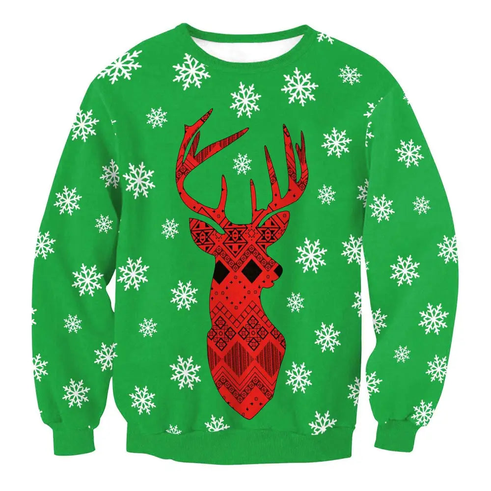 Green llama winter fashion sweatshirt featuring a bold red deer with black geometric patterns and white snowflakes for christmas sweater featuring festive design