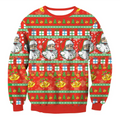 Red christmas sweater featuring cartoon santas, green trees, gold bells, and gifts in llama winter fashion ugly christmas style