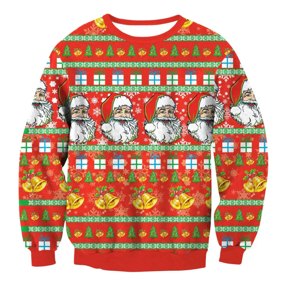 Red christmas sweater featuring cartoon santas, green trees, gold bells, and gifts in llama winter fashion ugly christmas style