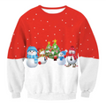 Llama winter fashion ugly christmas sweater in red and white featuring snowmen, decorated tree, and falling snowflakes