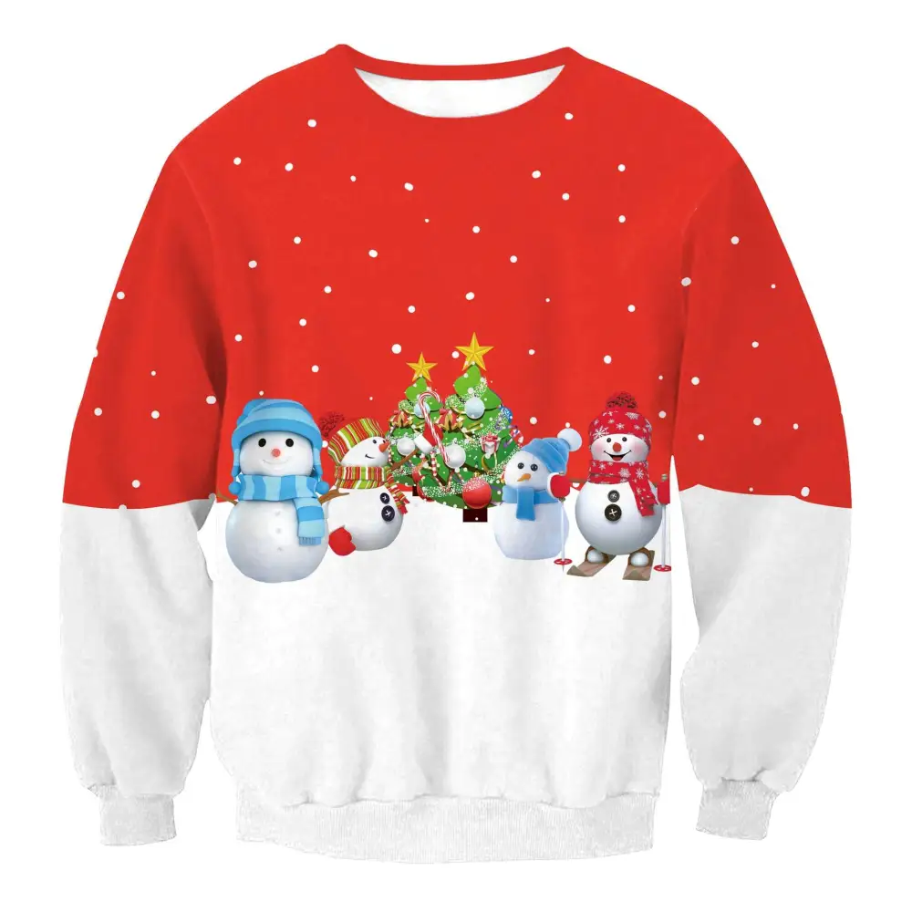 Llama winter fashion ugly christmas sweater in red and white featuring snowmen, decorated tree, and falling snowflakes