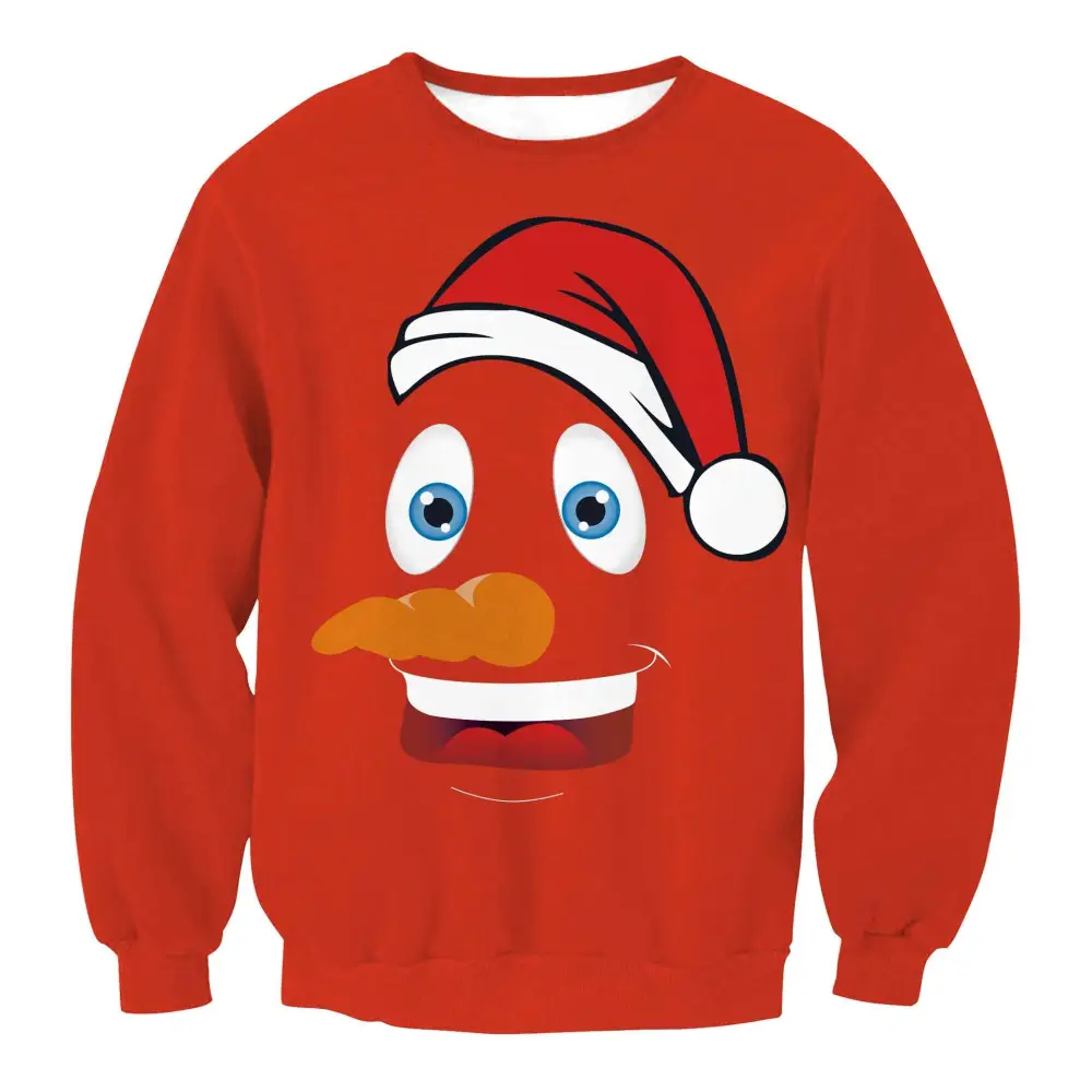 Red long-sleeved llama winter fashion sweater featuring a cartoon face with blue eyes and a santa hat christmas sweater