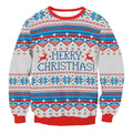 A festive red white and blue knit llama winter fashion ugly christmas sweater featuring reindeer and merry christmas message