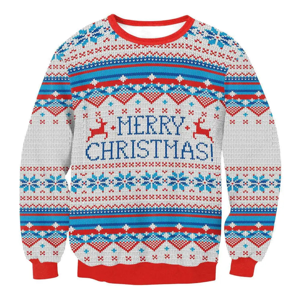 A festive red white and blue knit llama winter fashion ugly christmas sweater featuring reindeer and merry christmas message