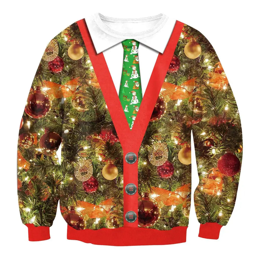 A festive red llama winter fashion sweater featuring a detailed christmas tree print for holiday wear
