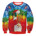 Vibrant rainbow-colored christmas sweater featuring 3d-printed santa claus with swirling patterns and red trim for llama winter fashion