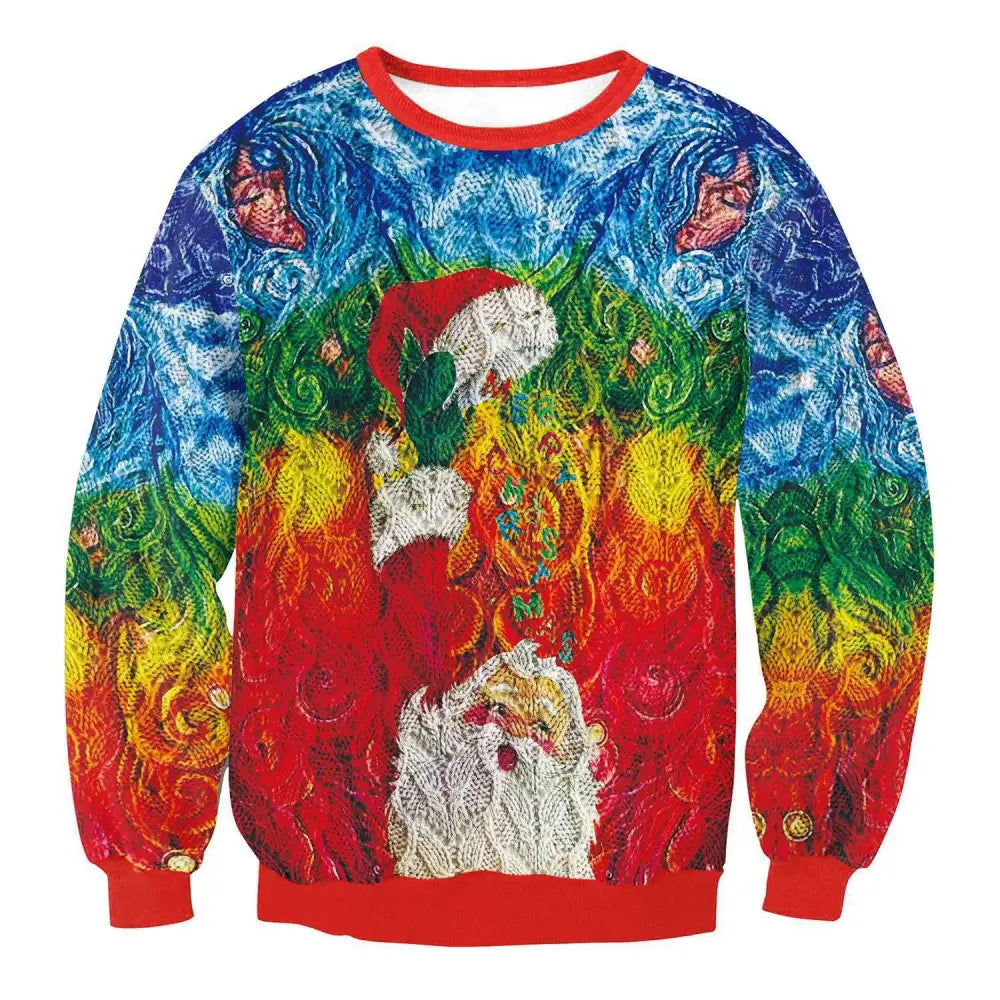 Vibrant rainbow-colored christmas sweater featuring 3d-printed santa claus with swirling patterns and red trim for llama winter fashion