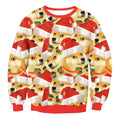 Red and beige christmas sweater featuring shiba inu dogs in santa hats and green bows from llama winter fashion ugly christmas collection