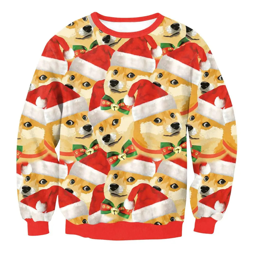Red and beige christmas sweater featuring shiba inu dogs in santa hats and green bows from llama winter fashion ugly christmas collection