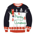 A festive navy blue and red christmas sweater featuring a humorous santa design and green merry christmas text for llama winter fashion