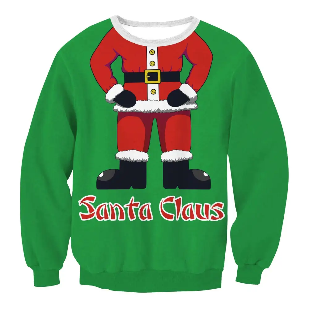 Green santa claus-themed llama winter fashion ugly christmas sweater featuring cartoon red-suited santa graphic