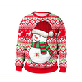 Llama winter fashion ugly christmas sweater in red and green featuring a smiling snowman with santa hat and scarf
