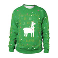 Green llama winter fashion ugly christmas sweater featuring white llama with colorful lights and gold ta-la-la-la llama text
